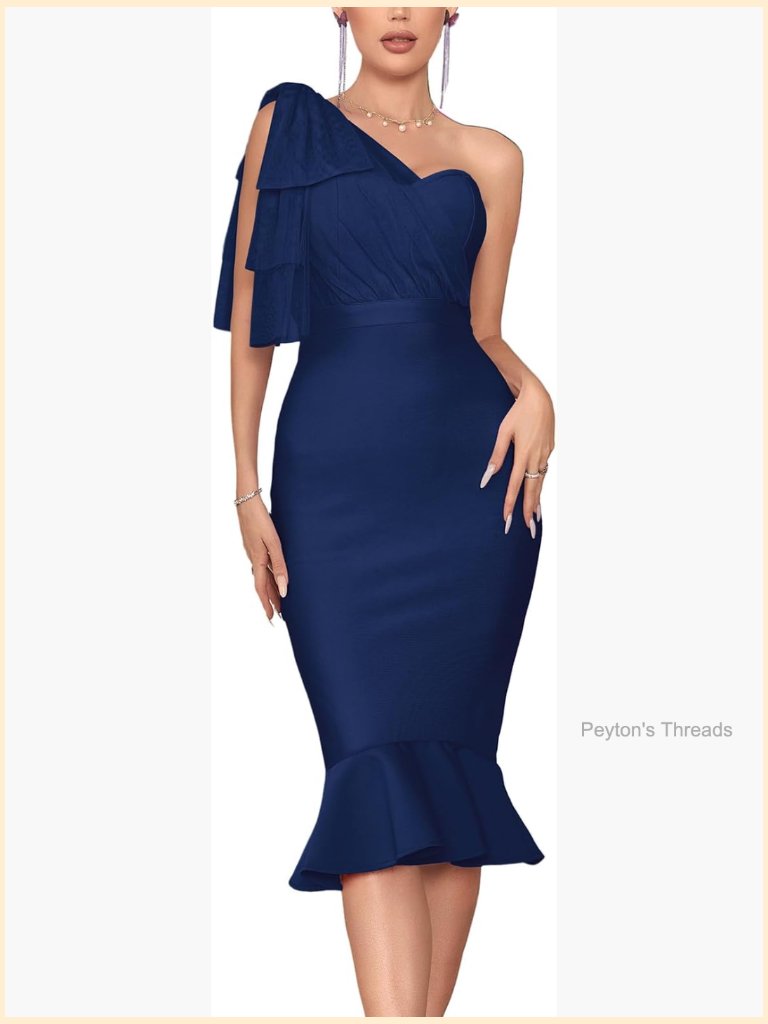 One Shoulder Mesh Midi Fitted Mermaid Bandage Dress For Party Club